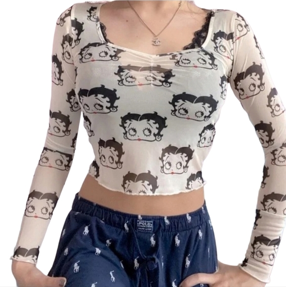 Betty Boop Y2K Punk Goth Sheer Mesh Stretch Long Sleeve Graphic Crop Top M L - Picture 5 of 16